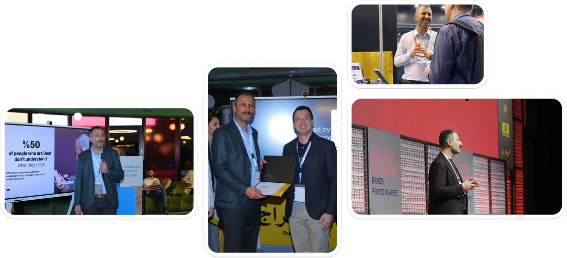 Fotografias de eventos da WeAccess.Ai: um orador a apresentar investigação sobre acessibilidade, dois colegas a receber um prémio e membros da equipa a conversar com visitantes em stands de conferências.