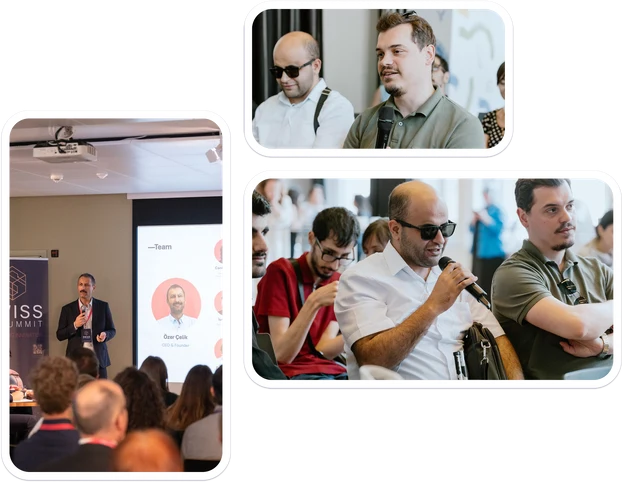 Fotografias da equipa WeAccess: uma apresentação no palco de uma cimeira e participantes na plateia a ouvir e a colocar questões.