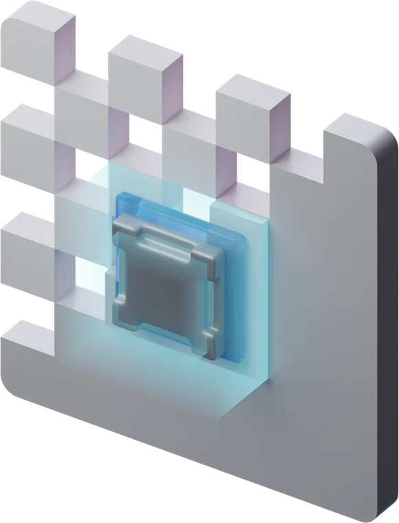 Ilustração isométrica de um chip processador a iluminar uma parede de blocos.