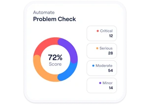 A problem check card with a 72% score ring beside critical, serious, moderate and minor issue counters