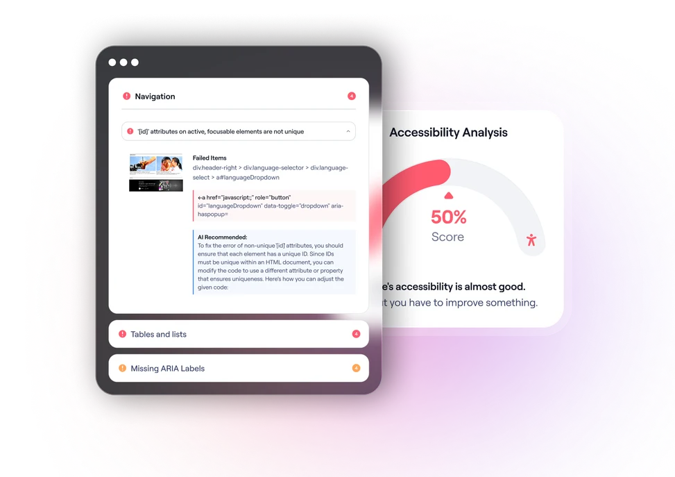 A detected navigation issue opened in the product: the failing element, its code and an AI recommendation, next to an accessibility analysis score card