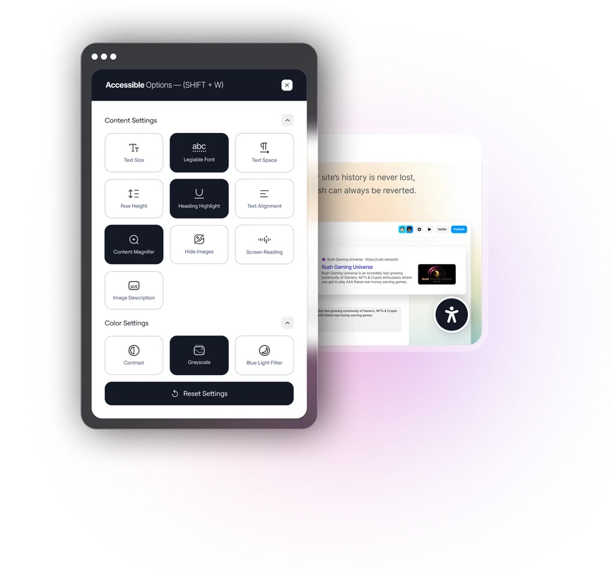 The accessibility widget panel open on a tablet against a dark background, with the website it runs on behind it
