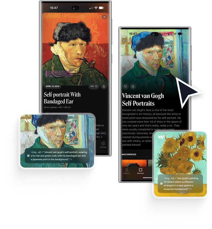 Ecrãs de uma aplicação móvel com imagens de obras de arte, cada uma com uma caixa de texto alternativo gerado automaticamente por baixo