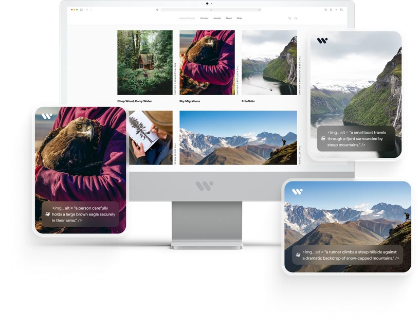 An online store's product images shown with the alternative text generated for each of them