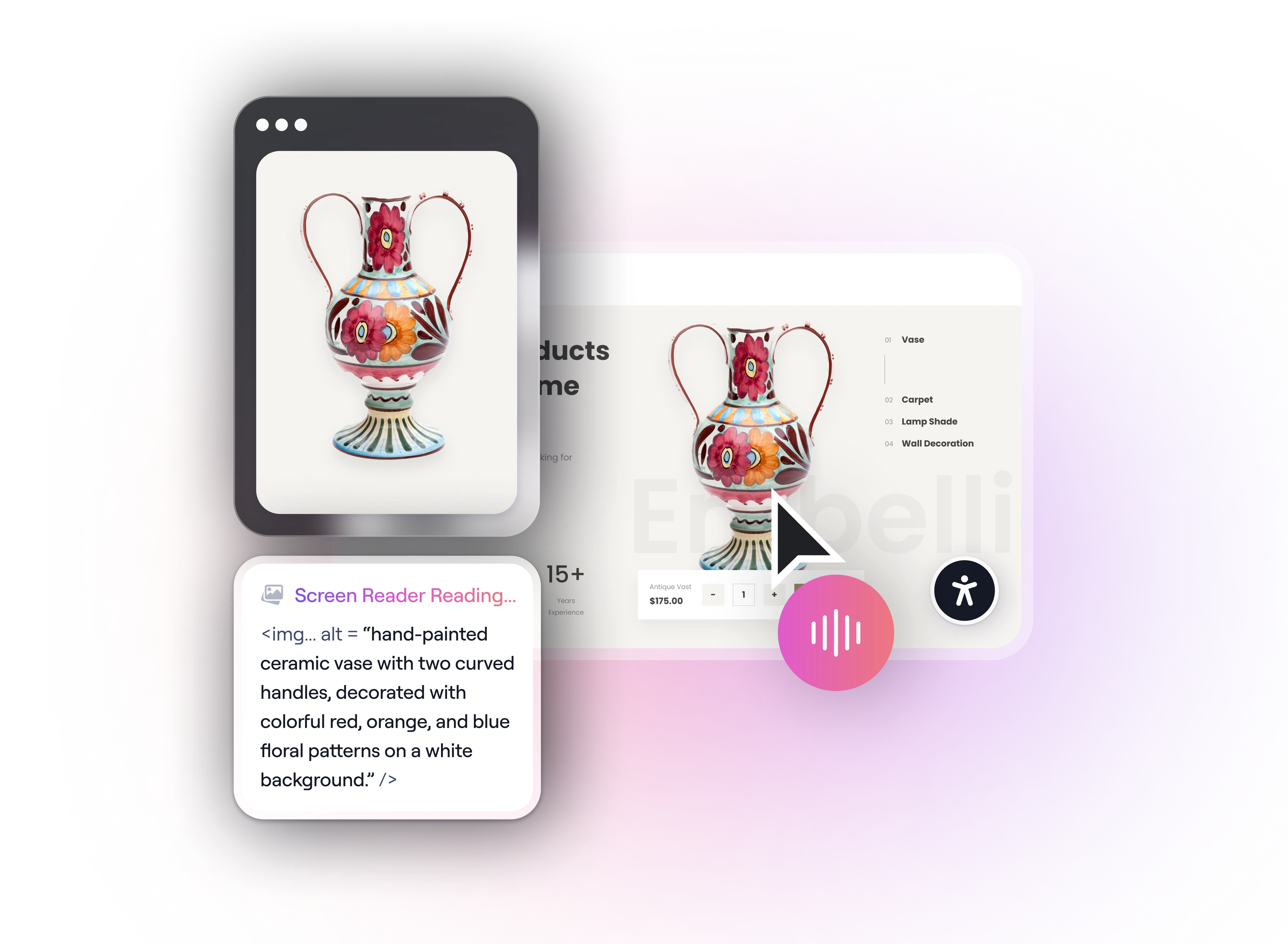 A vase on a product page shown together with the alternative text a screen reader announces