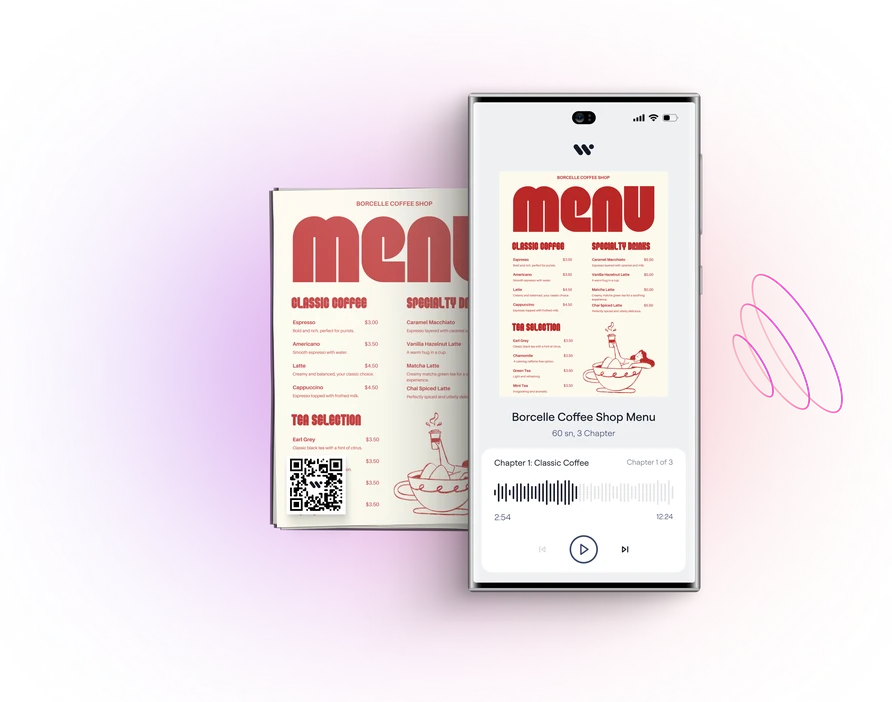 Um menu de café e um telemóvel a reproduzir a versão narrada do código QR do menu