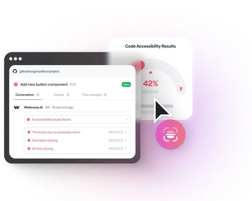 A GitHub Pull Request on a dark background: the WeAccess bot lists four accessibility issues with their WCAG criteria