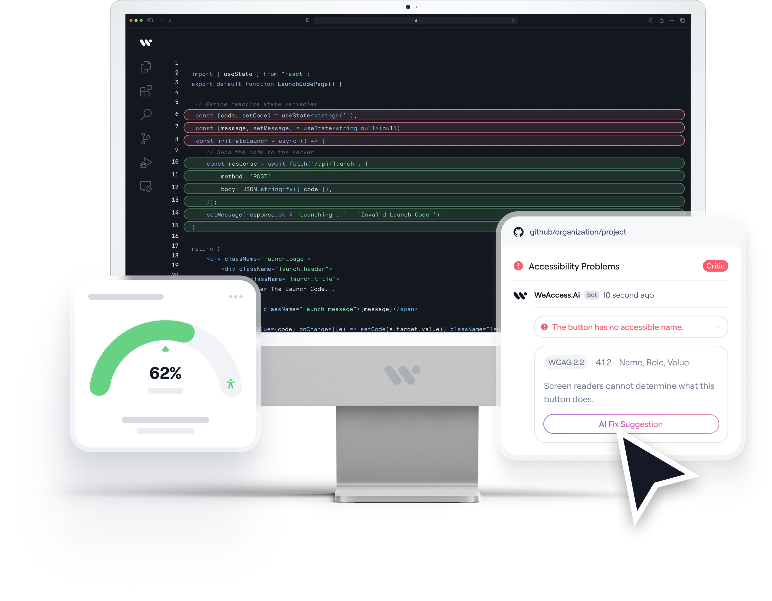 Source code on a desktop screen, next to an accessibility score card and a panel showing a detected issue with an AI fix suggestion