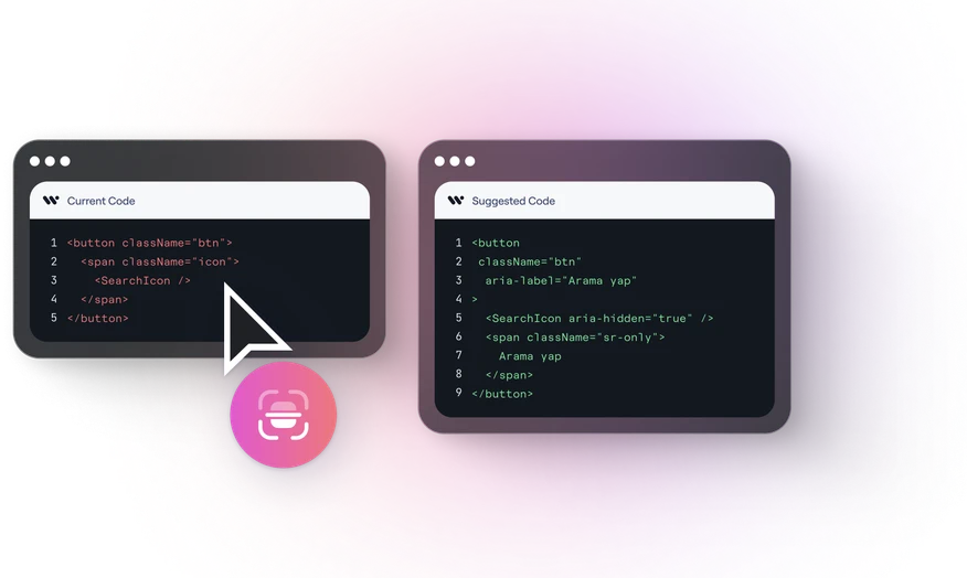 Two code windows side by side on a dark background: the current code on the left, the suggested accessible code on the right