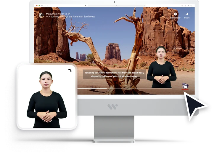 Um vídeo a ser reproduzido num ecrã de computador com uma janela de avatar de língua gestual aberta à frente
