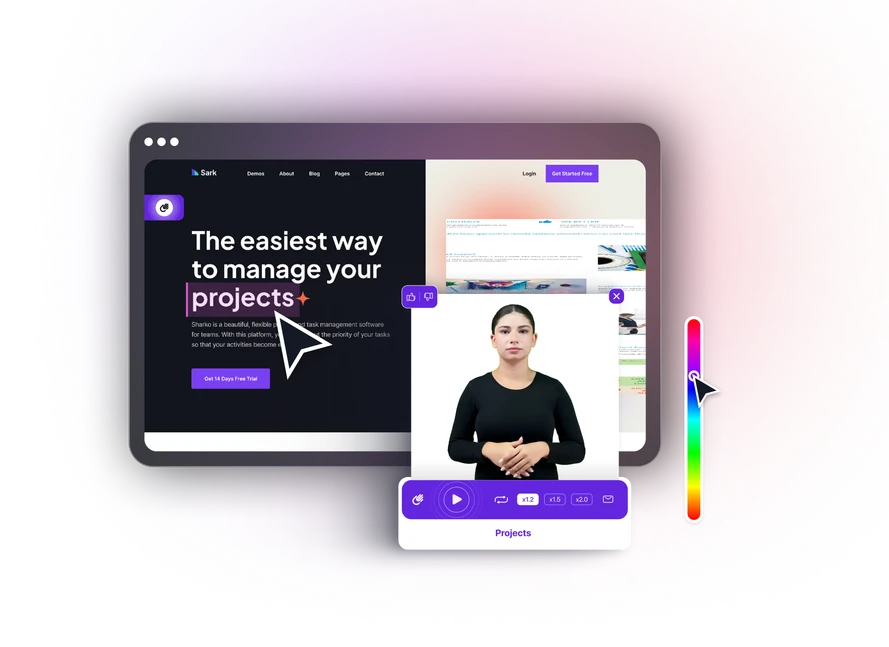 A sign language player opened over a website: the interpreter video sits in the lower right with playback, speed and caption controls beneath it.