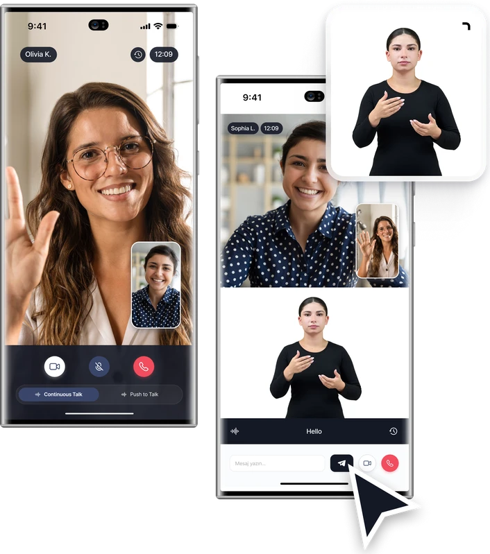 A video call open on two phone screens, with a sign language interpreter window shown beside them