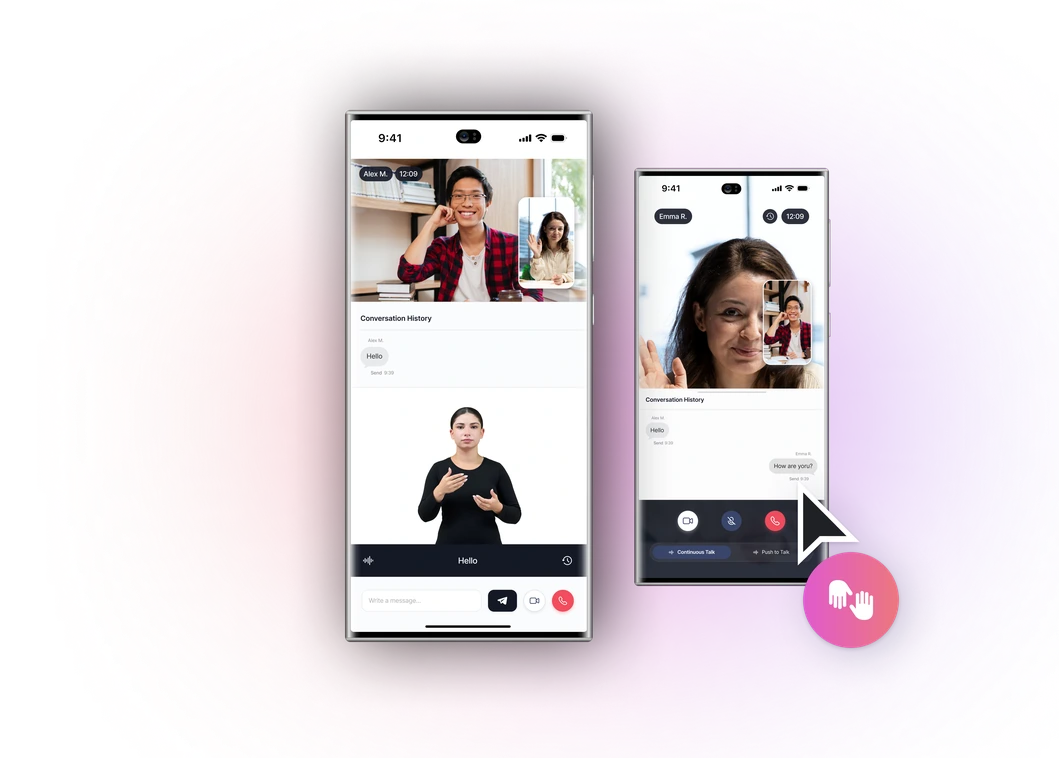 Two phone screens showing a sign language video call, with a sign language interpreter window open beside them