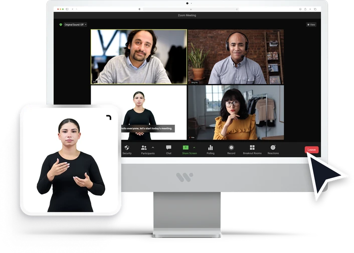 A video call open on a desktop screen next to the player card of an avatar translating it into sign language