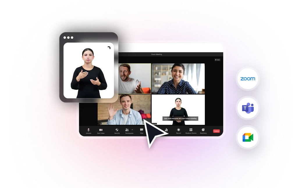 A meeting window with a sign language interpreter window open beside it, surrounded by the Zoom, Microsoft Teams and Google Meet logos