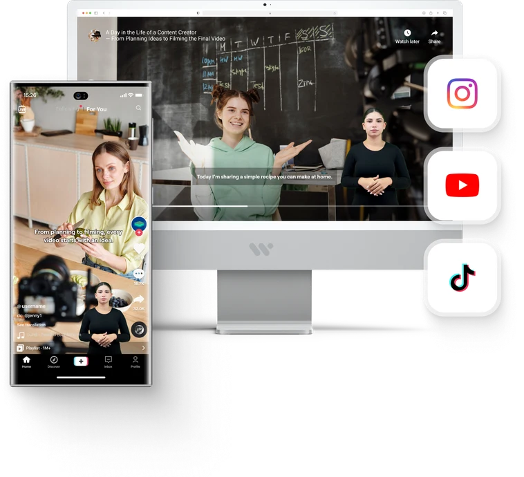 Vídeos de redes sociais com intérprete de língua gestual num ecrã de computador e num telemóvel, rodeados pelos ícones do Instagram, YouTube e TikTok