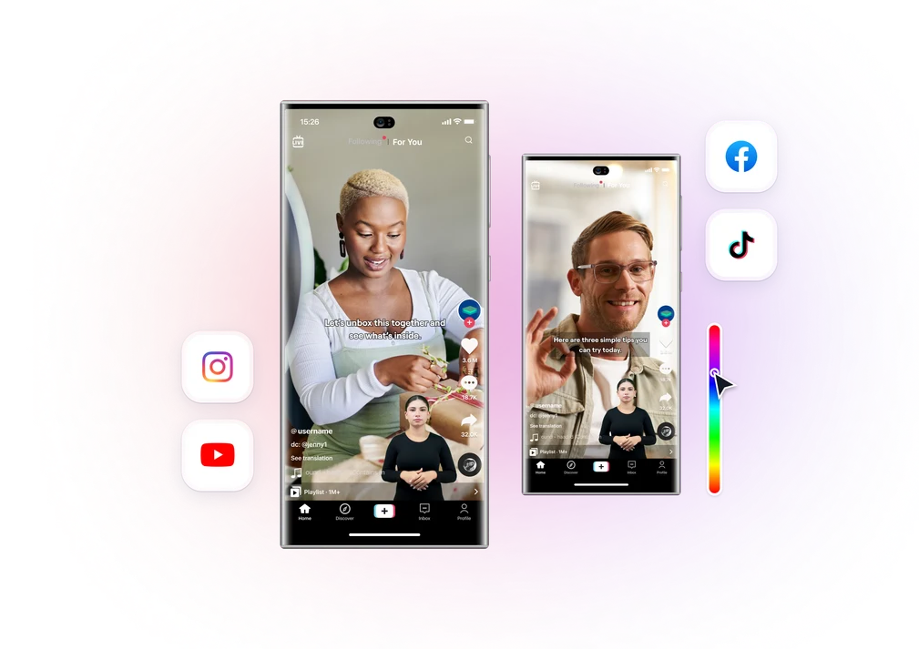 Vídeos de redes sociais com intérprete de língua gestual em dois ecrãs de telemóvel, rodeados pelos ícones do Instagram, YouTube, Facebook e TikTok