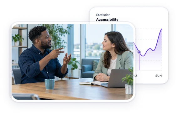 Two colleagues discussing an accessibility report at a desk, next to an accessibility statistics panel