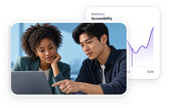Two colleagues reviewing a website together on a laptop, next to an accessibility statistics panel