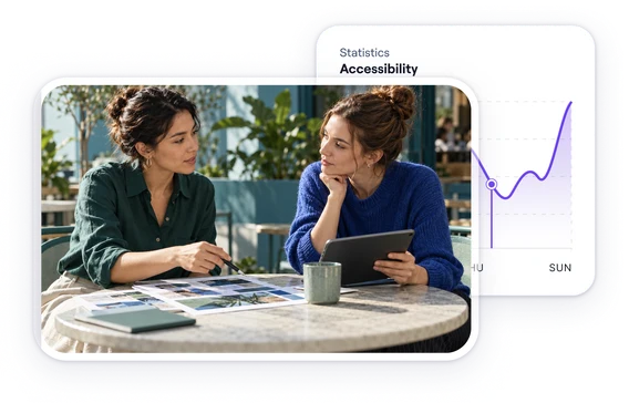 Two colleagues comparing an accessibility report on a tablet, next to an accessibility statistics panel