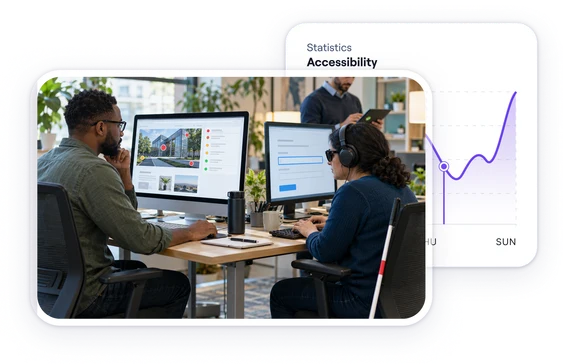 Two colleagues testing a website at a desk with two monitors, next to an accessibility statistics panel