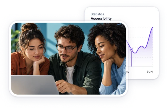 Three colleagues reviewing a website together on a laptop, next to an accessibility statistics panel