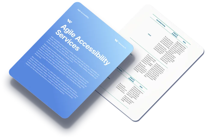 An agile accessibility services brochure next to a printed sprint accessibility checklist