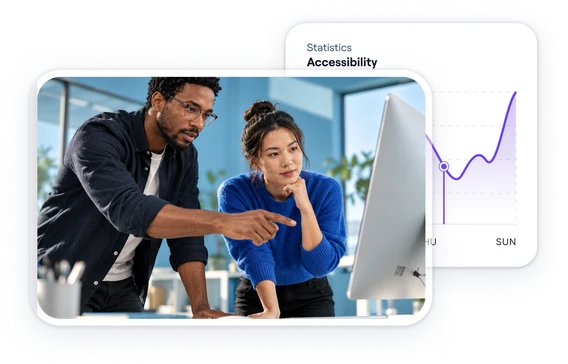 Two colleagues reviewing a design on a desktop screen together, next to an accessibility statistics panel