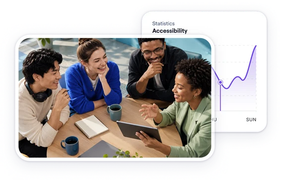 Four colleagues talking around a table with a tablet, next to an accessibility statistics panel