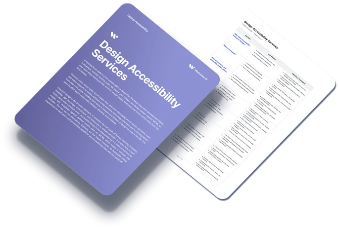 A Design Accessibility Services brochure next to a printed accessibility review table