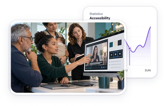 A family reviewing a video player with captions on a desktop screen, next to an accessibility statistics panel