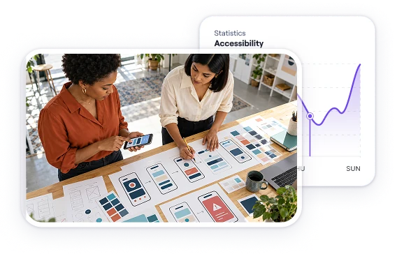 Two designers reviewing printed interface screens laid out on a table, next to an accessibility statistics panel