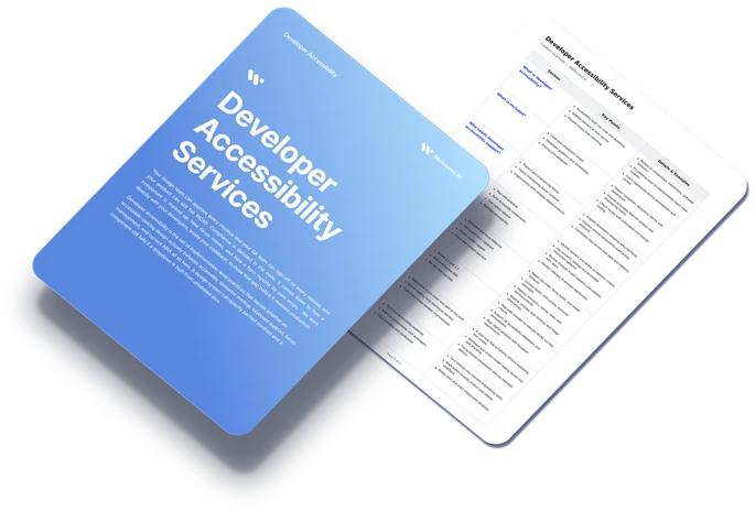A Developer Accessibility Services brochure next to a printed accessibility findings table