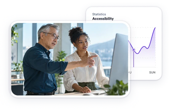 Two colleagues reviewing accessibility results on a desktop screen, next to an accessibility statistics panel