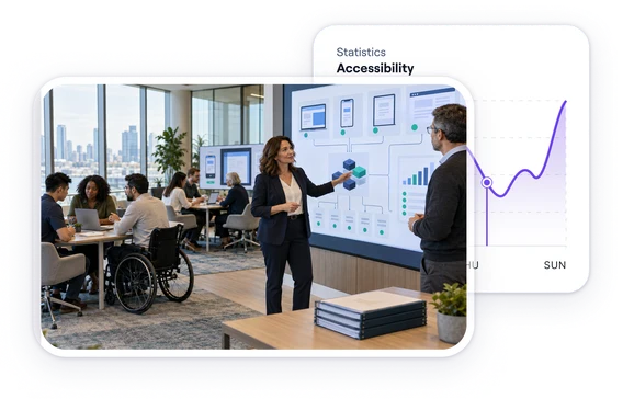 Three colleagues planning an accessibility programme at a whiteboard, next to an accessibility statistics panel