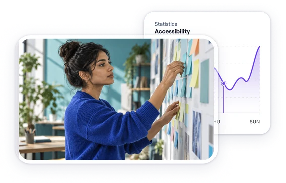 A specialist arranging notes on a wall planner, next to an accessibility statistics panel