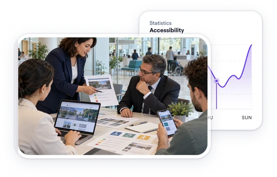 A team reviewing an accessibility report with laptops and tablets around a meeting table, next to an accessibility statistics panel