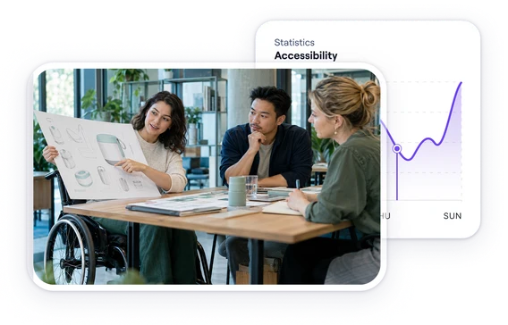 Three colleagues reviewing design printouts at a meeting table, next to an accessibility statistics panel