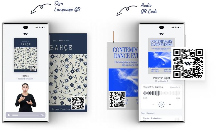 Dois telemóveis junto a materiais impressos: um reproduz um vídeo em língua gestual de um livro de poesia e o outro a narração áudio de um cartaz de evento, ambos abertos com um código QR