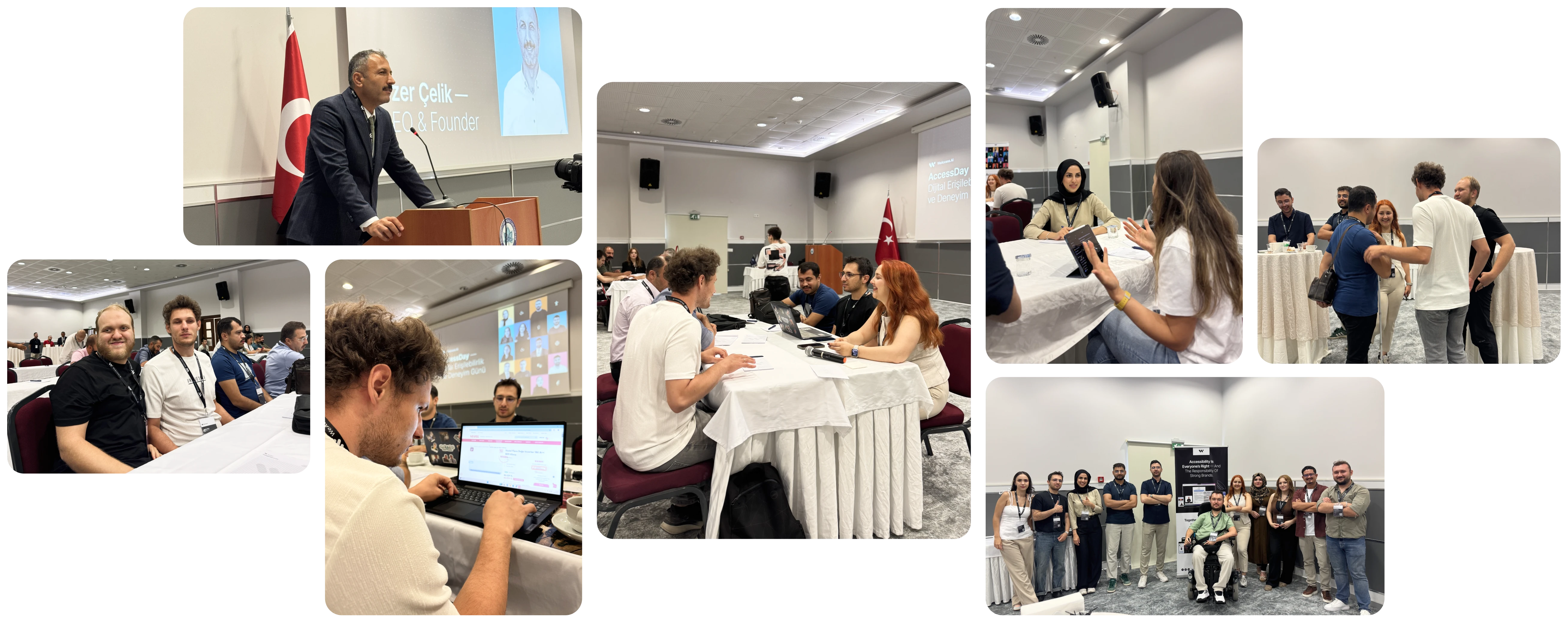 People attending an accessibility workshop, including presentations, discussions, and group activities.