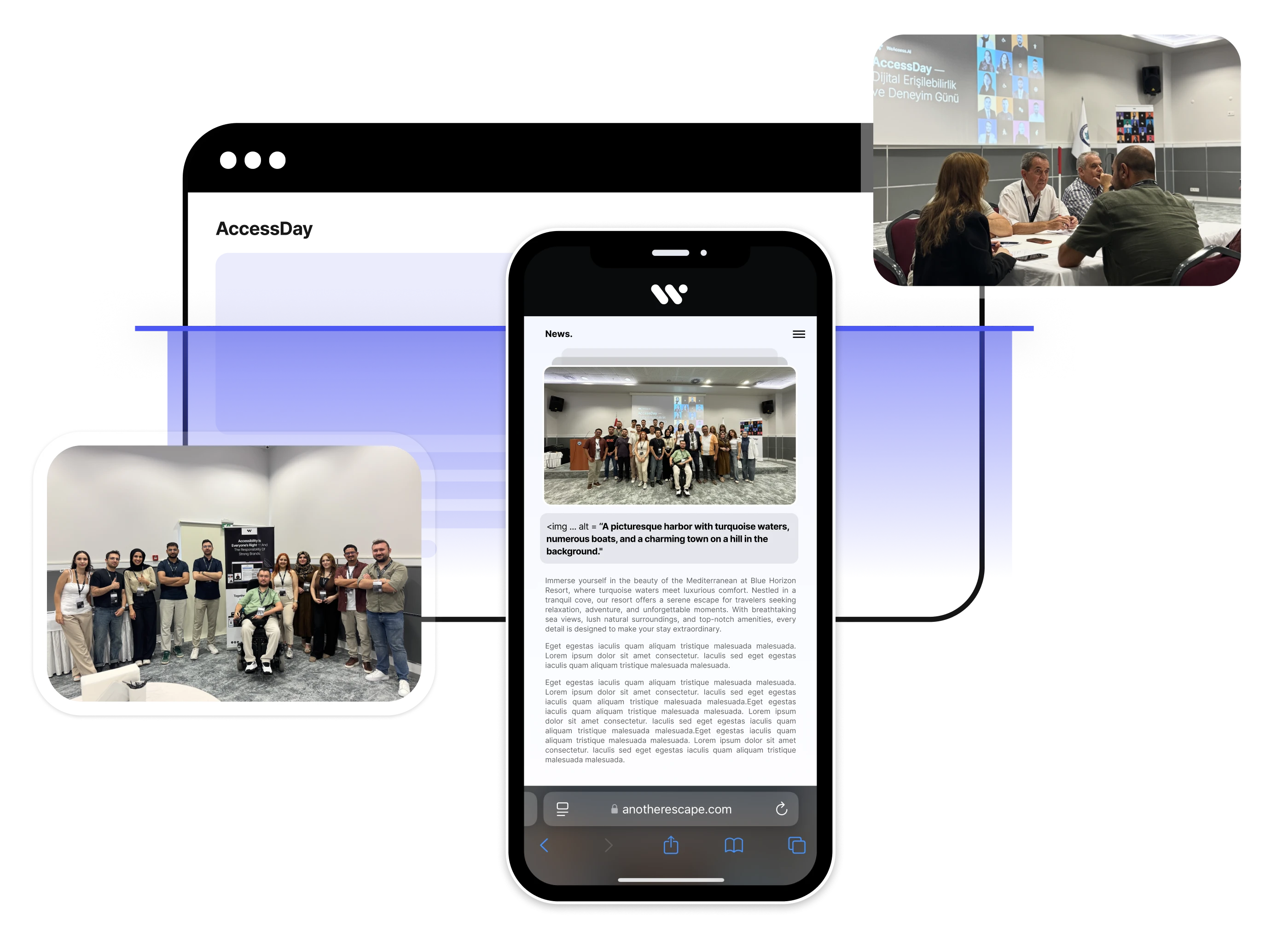 AccessDay platform showing mobile and desktop views with team photos from accessibility training events and workshops
