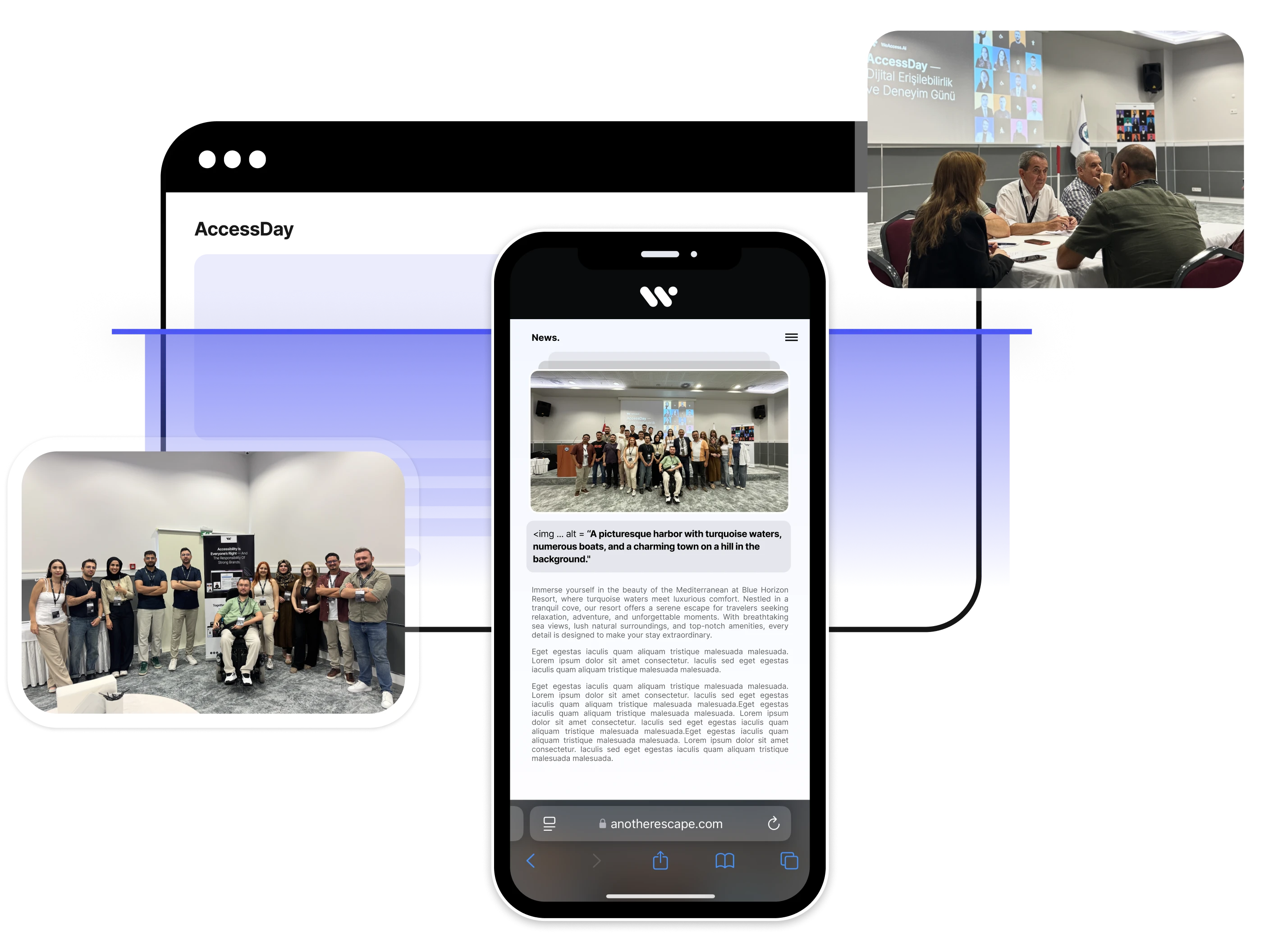 AccessDay platform showing mobile and desktop views with team photos from accessibility training events and workshops