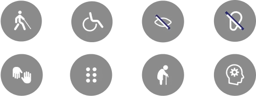 The image displays a series of icons representing different accessibility features or disabilities, including mobility aids and cognitive support symbols.