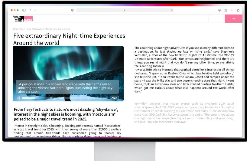 The image is a webpage titled Five Extraordinary Night-time Experiences Around the World, discussing the growing trend of noctourism and interest in experiencing the night sky, including activities like star gazing and aurora viewing.
