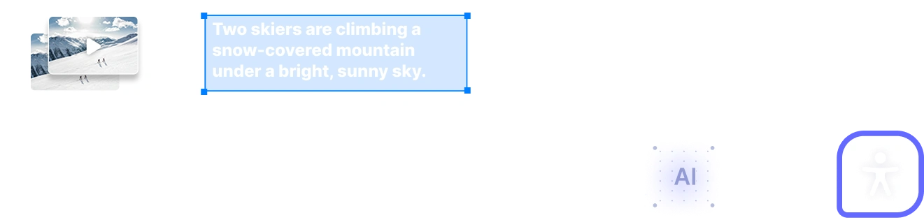 The image shows two skiers climbing a snow-covered mountain under a bright, sunny sky, with the text Two skiers are climbing a snow-covered mountain under a bright, sunny sky.