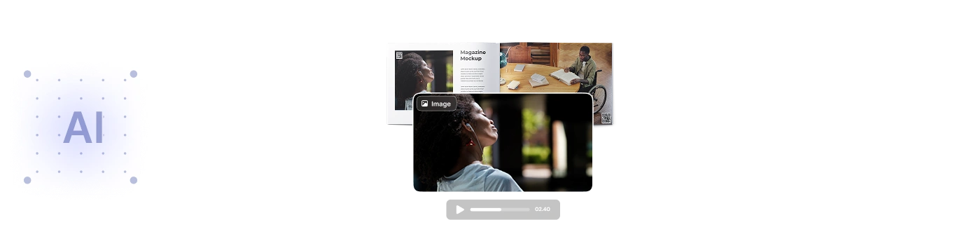 The image features an AI logo on the left and a video thumbnail with the text Magazine Mockup and Image on the right.