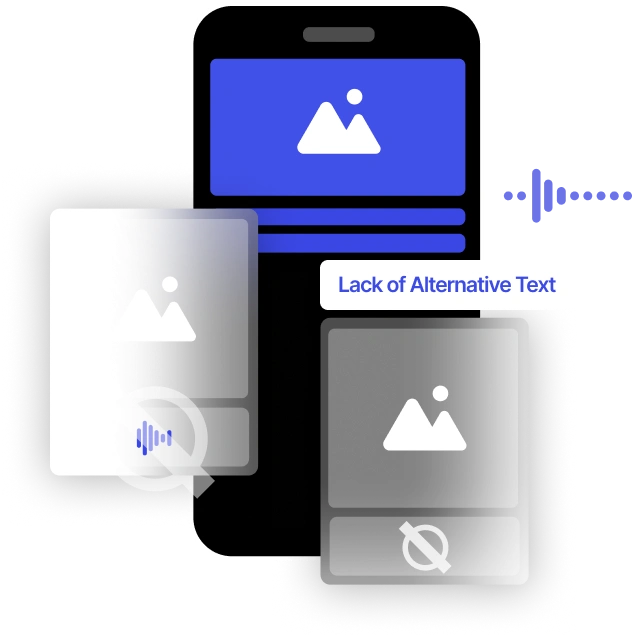The image illustrates the concept of Lack of Alternative Text with a smartphone displaying an image icon and sound waves indicating audio feedback, while the text Lack of Alternative Text is prominently shown.