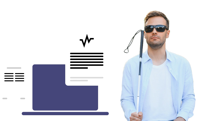 The image depicts a person holding a white cane and wearing sunglasses, with an illustration of a laptop and some abstract lines and shapes to the left.