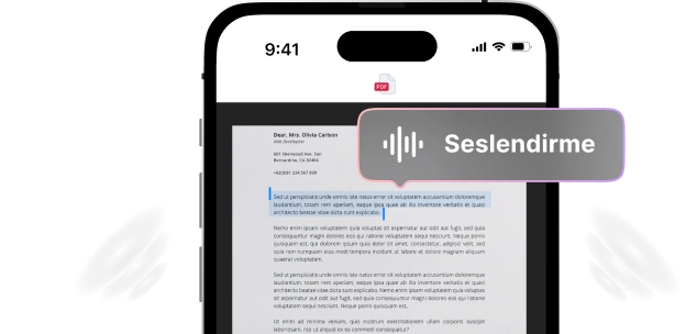 Resimde, üzerinde Sesli Etkileşim metni bulunan bir PDF belgesini görüntüleyen bir iPhone gösterilmektedir.