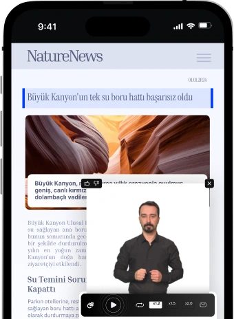 The image shows a smartphone displaying an article from NatureNews about the failure of the only water pipeline in the Grand Canyon, with a video play button and other interface elements visible at the bottom.